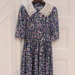 M.C.S. Ltd Women's Vintage 80s Blue Floral Lace Collar Dress Size 8